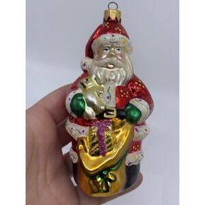 Hand Blown Glass  Santa Gold Present Sack Christmas Ornament 5"